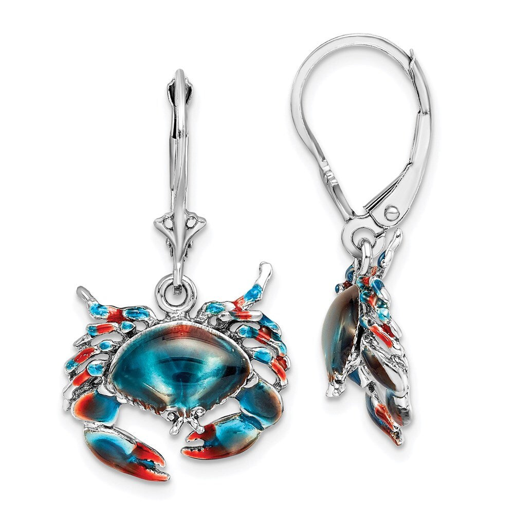 Sterling Silver Rhodium-Plated Enameled Stone Crab Leverback Earrings