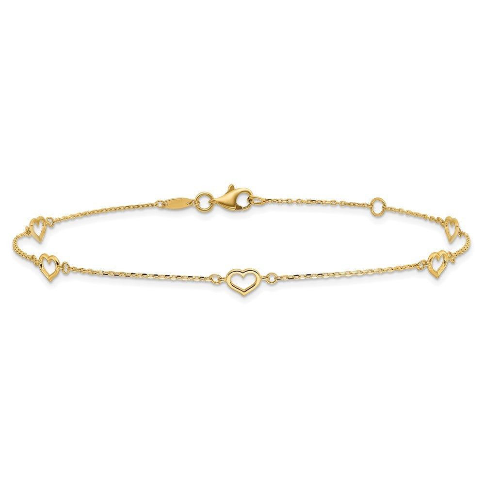14k Yellow Gold Open Heart and Chain 5-Station 10" Anklet