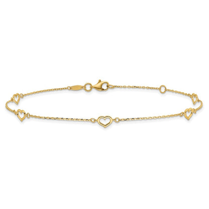 14k Yellow Gold Open Heart and Chain 5-Station 10" Anklet