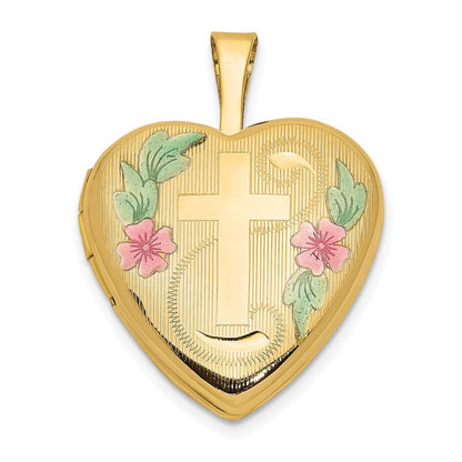 14k Yellow Gold 16mm with Enamel Floral Cross Heart Locket for Women