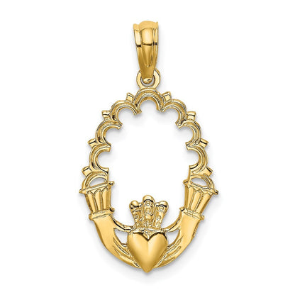 14k Yellow Gold Engraved Claddagh In Oval  Lace Trim Charm Pendant for Women