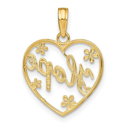14k Yellow Gold Rhodium Hope In Heart Flowers Charm Pendant for Women