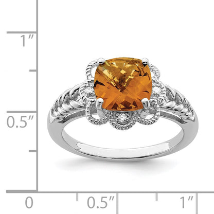 Sterling Silver Rhodium Checker-Cut Whiskey Quartz & Diamond Ring Size 9