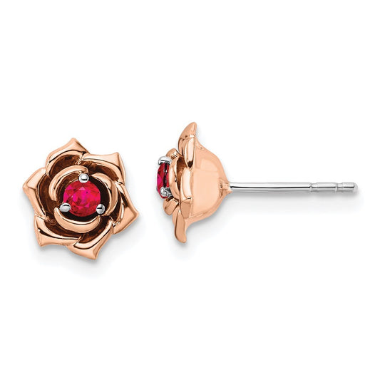 14K Two-tone Gold White & Rose Ruby Flower Earrings