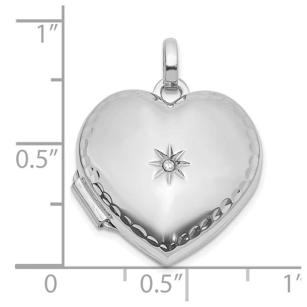 14k White Gold Polished and Textured Diamond 15mm Heart Locket Pendant for Women