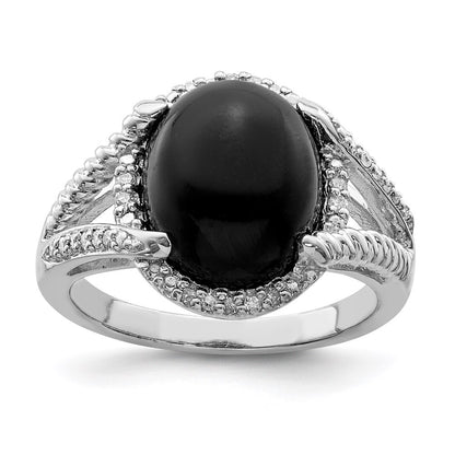 Sterling Silver Rhodium-plated Onyx and Diamond Ring