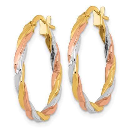 14k Yellow Gold Rose and White Rhodium Twist Hoop Earrings Gift for Women