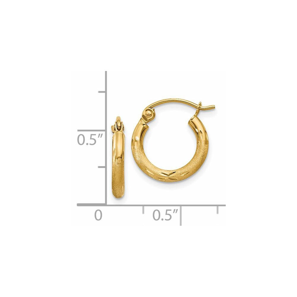 14k Yellow Gold Satin and Diamond-cut 2mm Round Tube Hoop Earrings