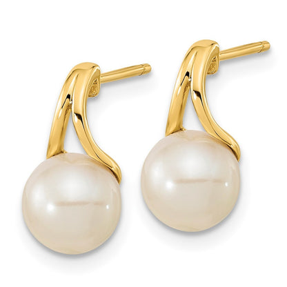 14k Yellow Gold 7-8mm White Round Freshwater Cultured Pearl Post Earrings