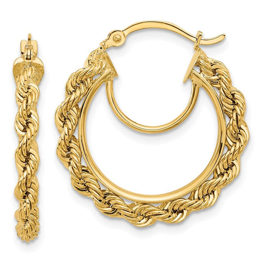 14k Yellow Gold Polished and Diamond-Cut Rope 2.95mm Hoop Earrings