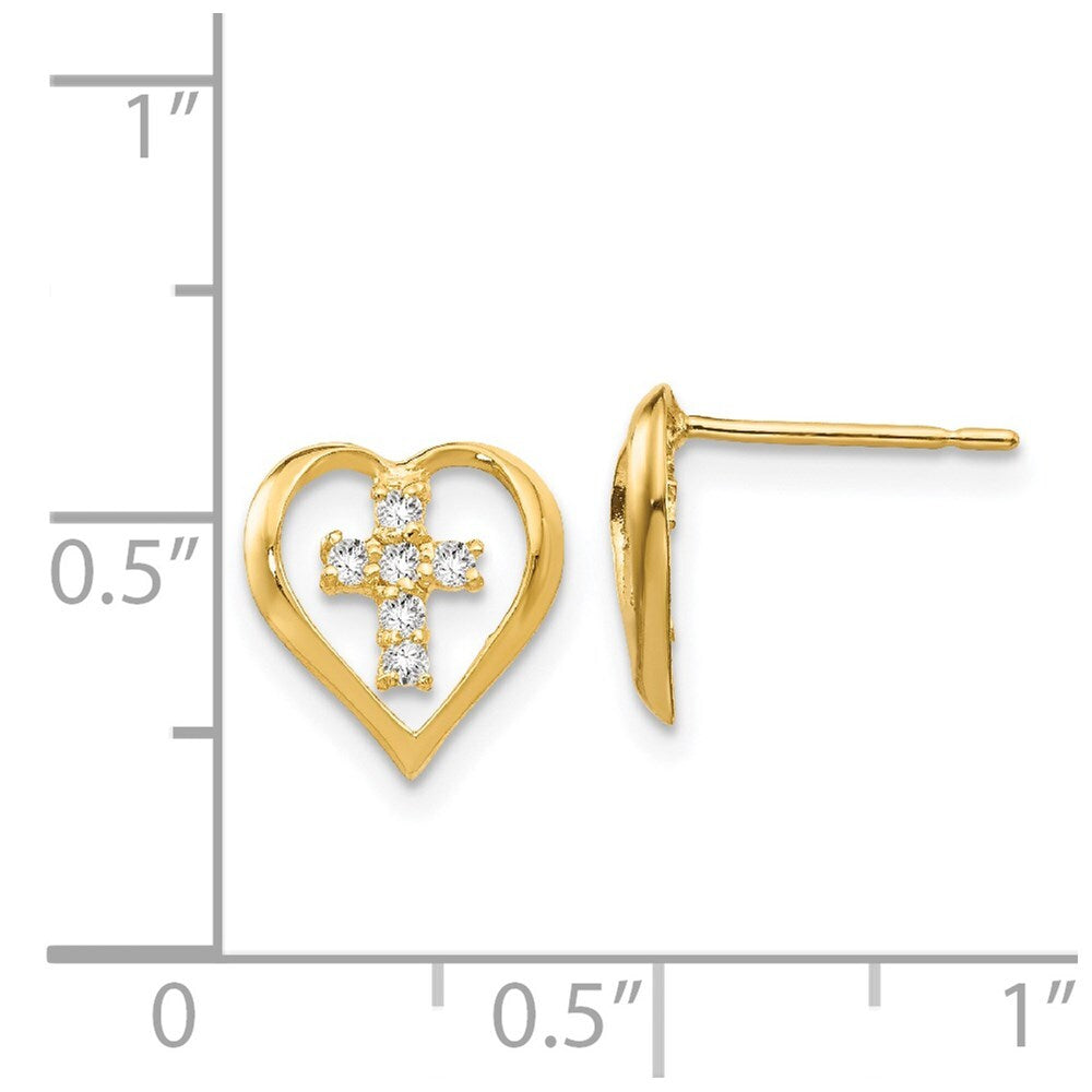 14k Yellow Gold Cubic Zirconia Children's Heart Cross Stud Earrings