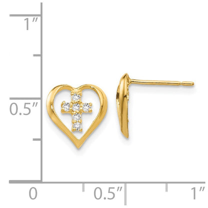 14k Yellow Gold Cubic Zirconia Children's Heart Cross Stud Earrings