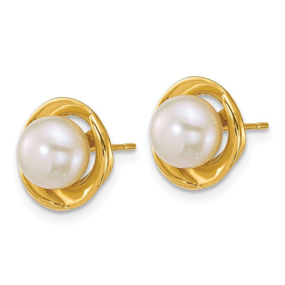 14k Yellow Gold Polished 7mm Button Freshwater Cultured Pearl Stud Earrings