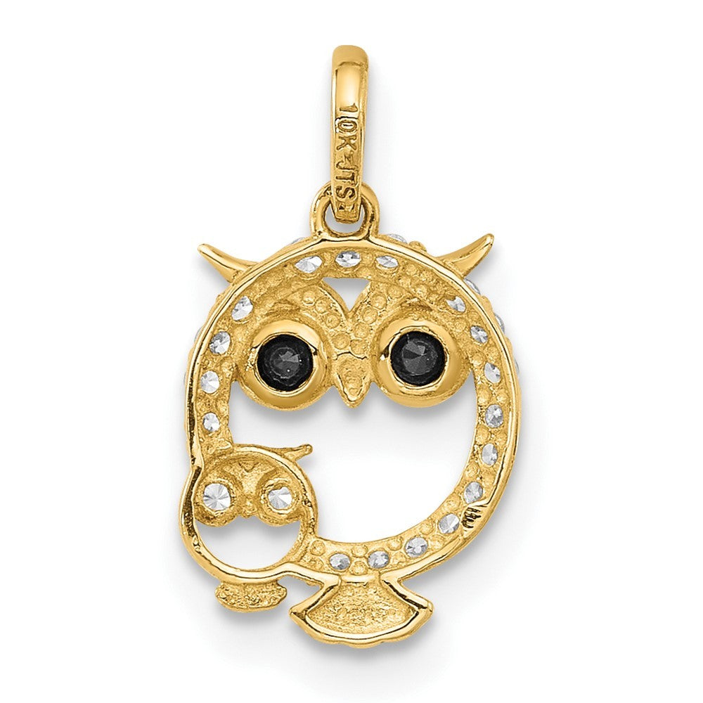 14k Yellow Gold Polished Black and White CZ Mommy and Baby Owl Pendant