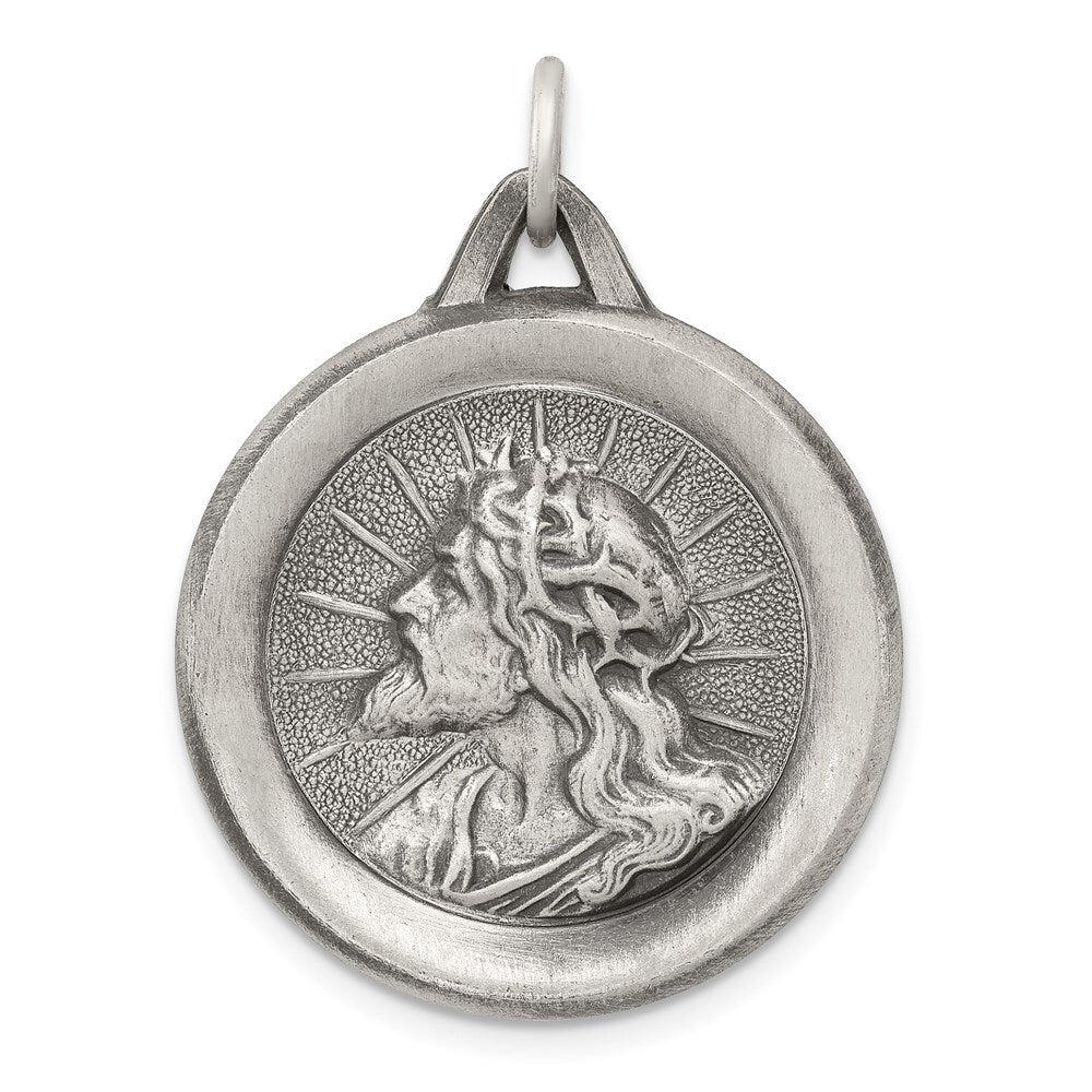 Sterling Silver Antiqued Jesus Medal Pendant Holiday Gift for Women