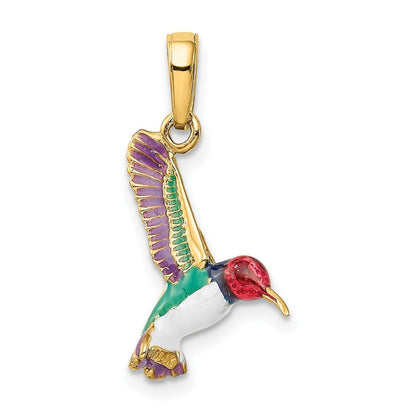 14k Yellow Gold Enameled 3D Hummingbird Pendant for Women