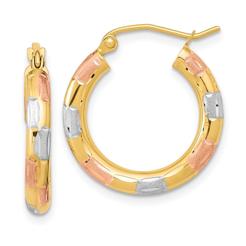 14k Yellow Gold w/and Rose Rhodium Polished Satin Diamond-cut Hoop Earrings