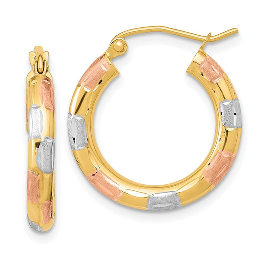 14k Yellow Gold w/and Rose Rhodium Polished Satin Diamond-cut Hoop Earrings