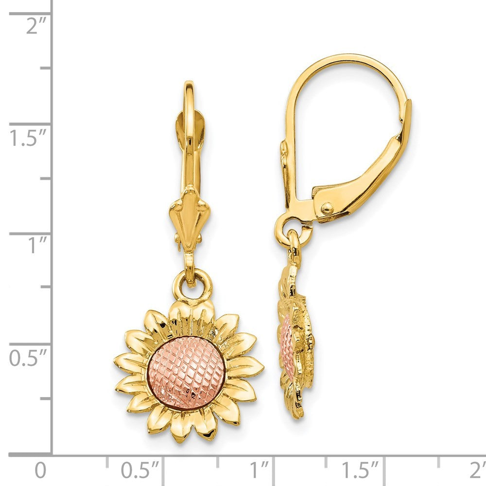 14k Two-tone Polished Sunflower Drop Dangle Earrings