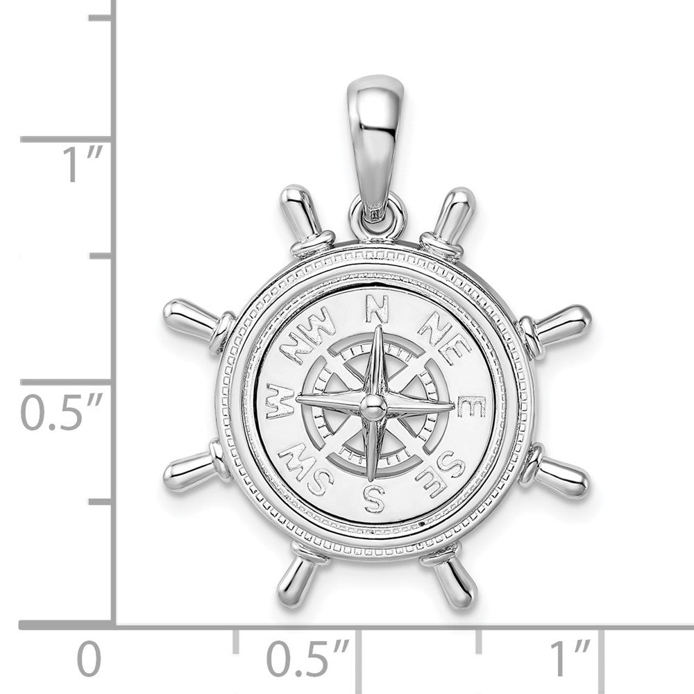 Sterling Silver Rhodium-Plated Polished Ships Wheel with Compass Pendant