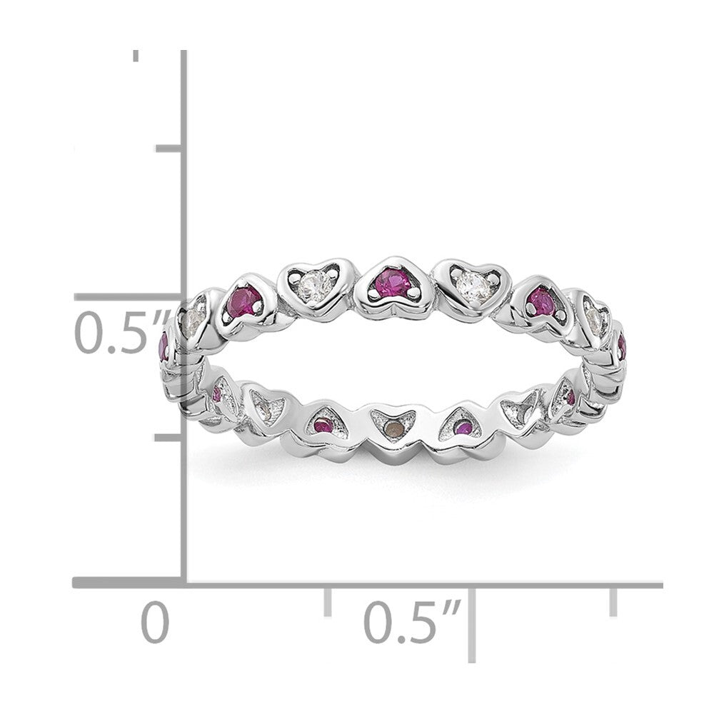SS Rhodium-plated .14Lab Cr. Ruby and .27Cr. Wh Sapphire Heart Ring Size 6