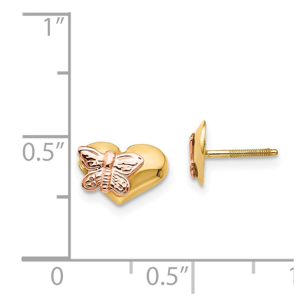 14k Yellow Gold Polished & Rhodium Butterfly Heart Screwback Stud Earrings
