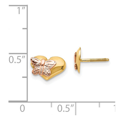 14k Yellow Gold Polished & Rhodium Butterfly Heart Screwback Stud Earrings