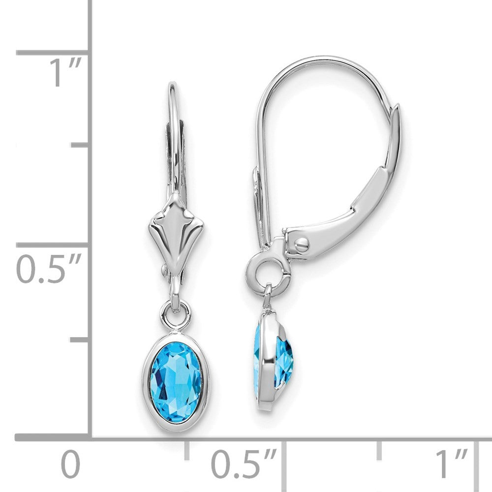14k White Gold 6x4 Oval Bezel Blue Topaz Drop Dangle Earrings