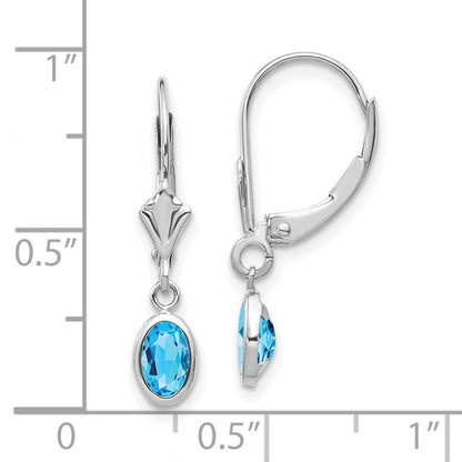 14k White Gold 6x4 Oval Bezel Blue Topaz Drop Dangle Earrings