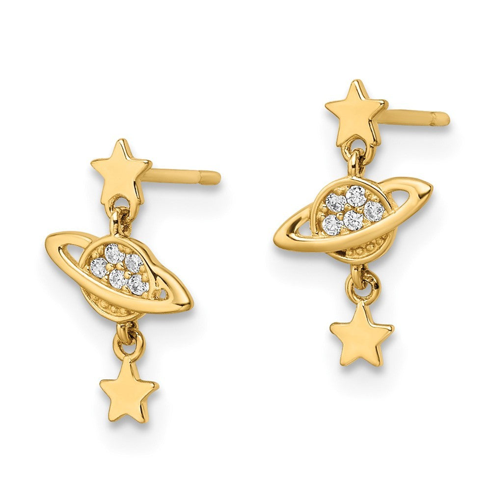 14k Yellow Gold CZ Saturn & Stars Dangle Earrings