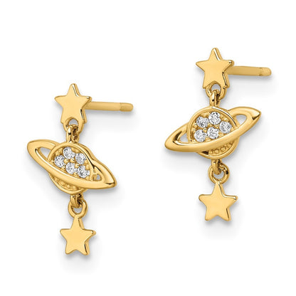 14k Yellow Gold CZ Saturn & Stars Dangle Earrings