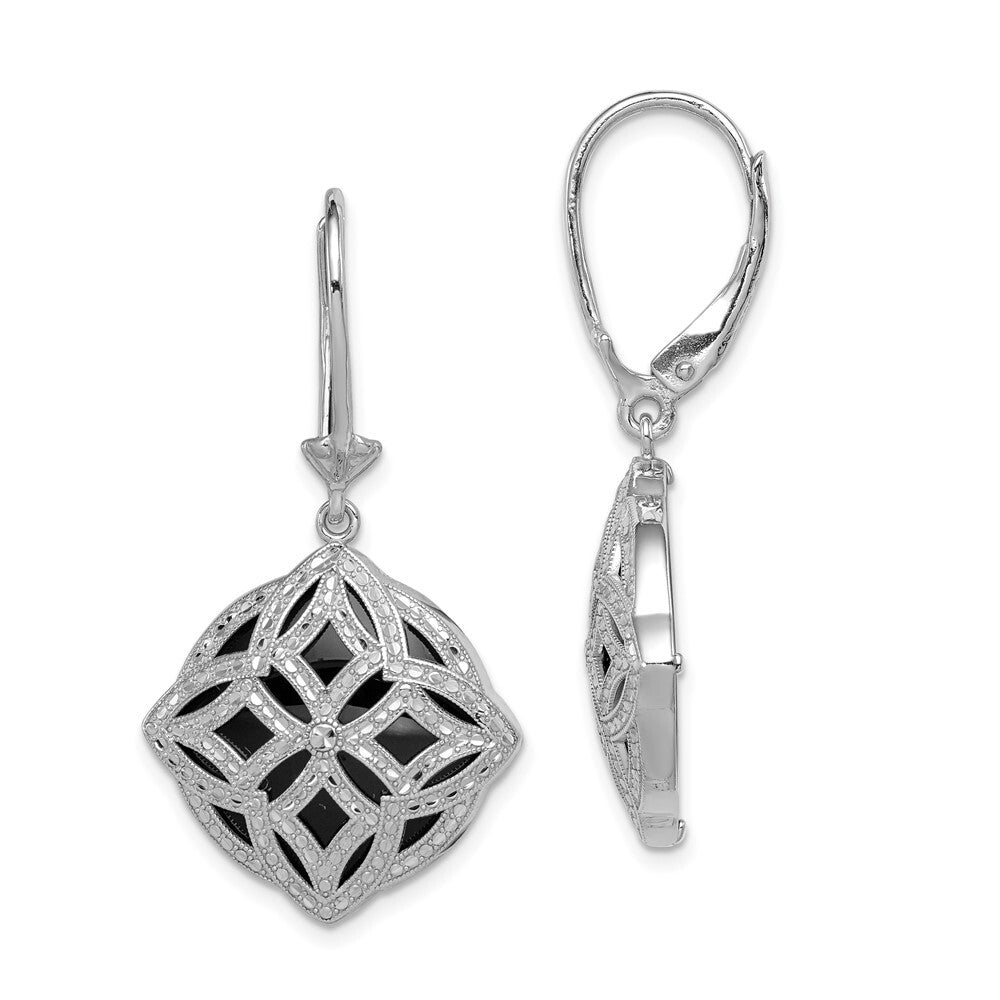 Sterling Silver Rhodium-plated Diamond-cut Onyx Leverback Dangle Earrings
