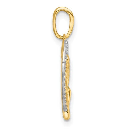 14k Yellow Gold with White Rhodium Polished Flower On Heart Charm Pendant