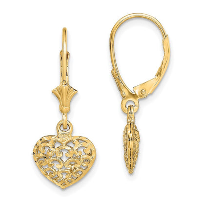 14k Yellow Gold Diamond-cut Mini Puffed Heart Drop Dangle Earrings
