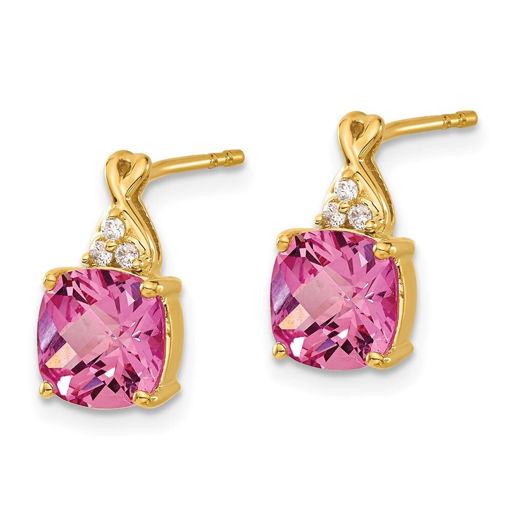 14k Yellow Gold Checkerboard Created Pink Sapphire & Diamond Dangle Earrings