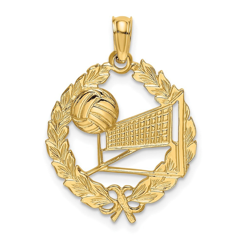 14k Yellow Gold Volleyball Story in Leaf Circle Charm