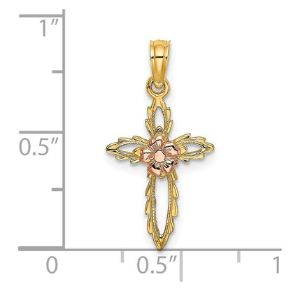 14k Two-tone Gold Cut-Out Cross  Flower Charm Pendant for Women