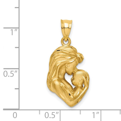 14k Yellow Gold Brushed Diamond-cut Mom/Baby Pendant for Women