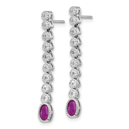 Sterling Silver Polished and Beaded Oval Red and Round CZ Dangle Earrings