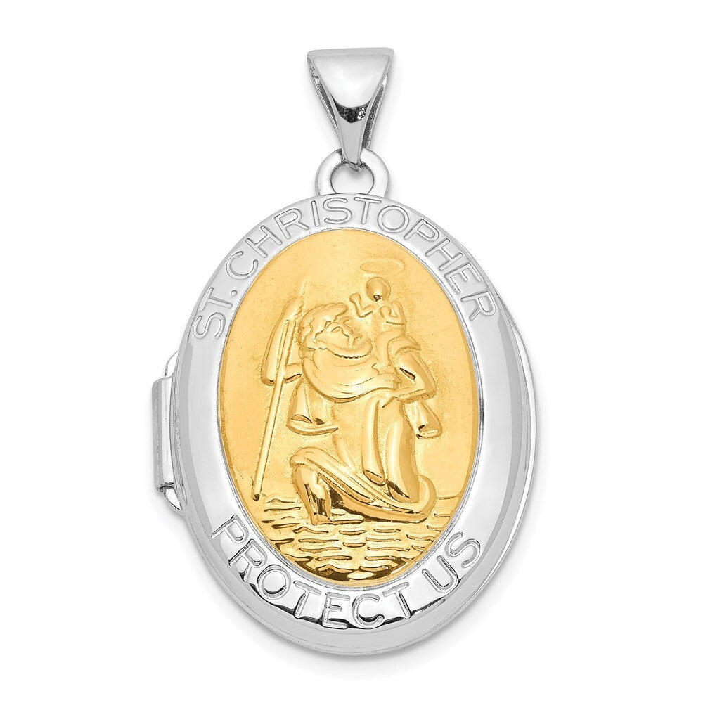 Sterling Silver RH-pltd Yellow Rhod 23mm St Christopher Oval Locket