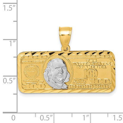 14k Yellow Gold Polished with Rhodium Diamond-cut 100 Dollar Bill Pendant
