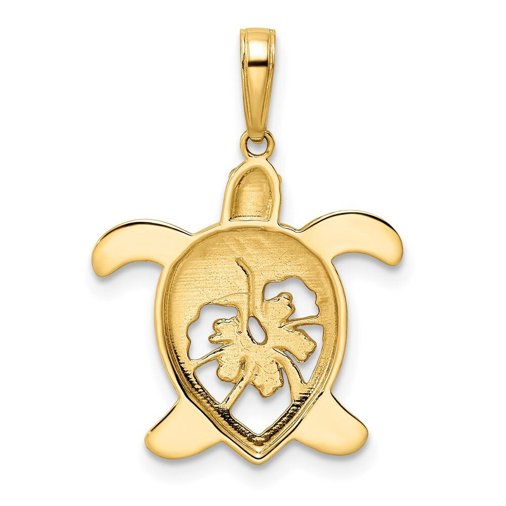 14k Yellow Gold and White Rhodium Diamond-cut Floral Turtle Pendant
