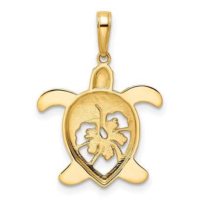 14k Yellow Gold and White Rhodium Diamond-cut Floral Turtle Pendant