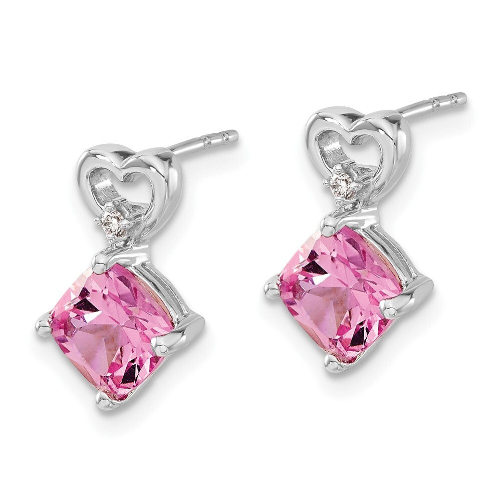 14k White Gold Created Pink Sapphire and Diamond Heart Drop & Dangle Earrings