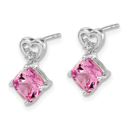 14k White Gold Created Pink Sapphire and Diamond Heart Drop & Dangle Earrings