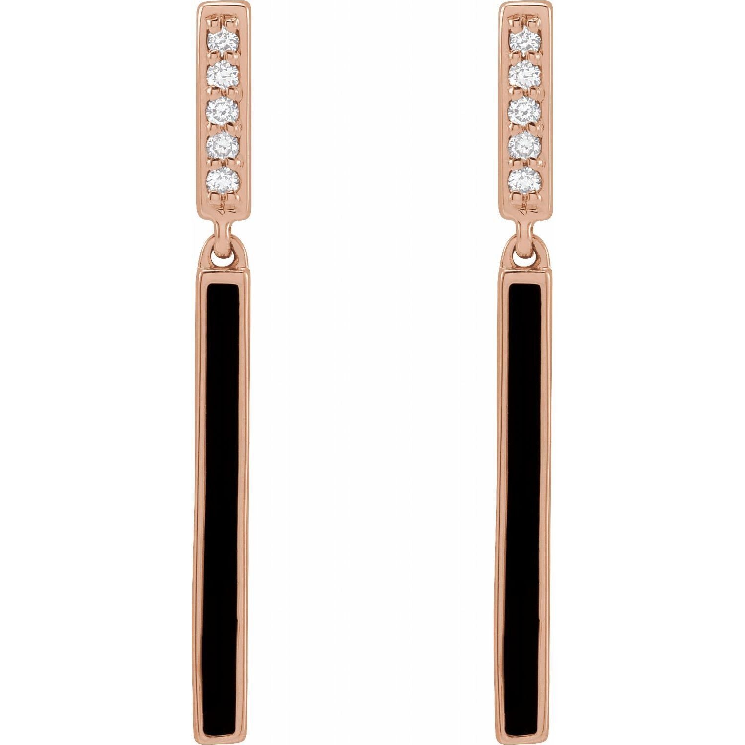 14k Rose Gold .06 CTW Natural Diamond and Black Enamel Bar Stud Earrings