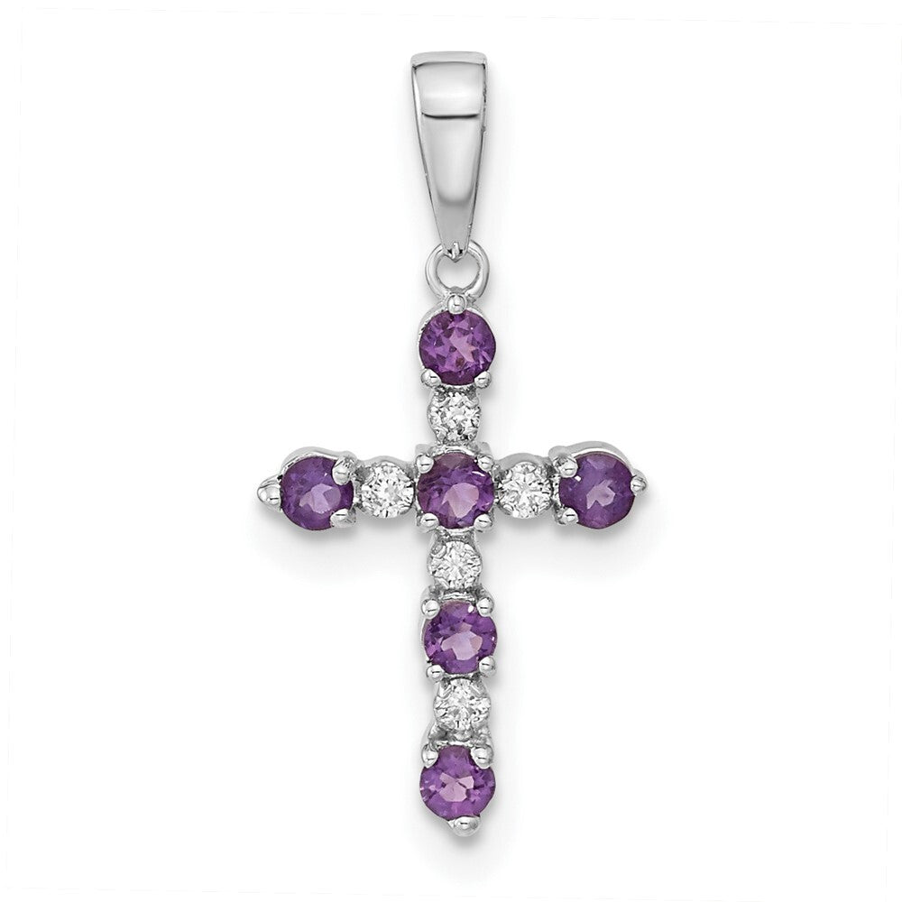14k White Gold Amethyst and Diamond Cross Pendant for Women