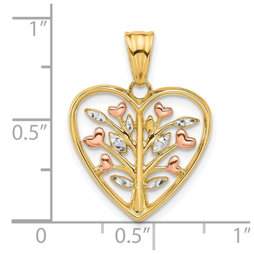14k Yellow Gold Rose-plated White Rhodium Diamond-cut Branches in Heart Pendant