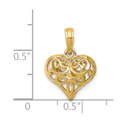 14k Yellow Gold Polished 3-D Filigree Puffed Heart Pendant for Women