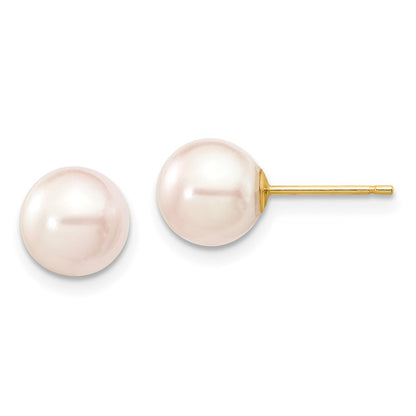 14k Yellow Gold 7-8mm White Round Akoya Saltwater Cultured Pearl Stud Earrings